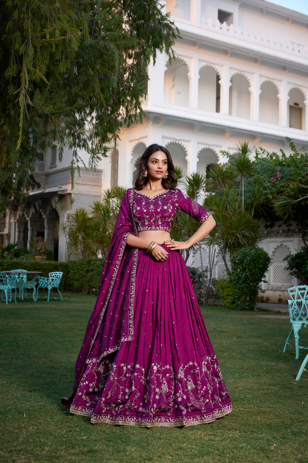 Lorenvalley Purple Vichitra Silk Sequins and Thread Embroidery Work With Lace Border Lehenga Choli | Grocsy