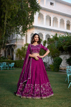 Lorenvalley Purple Vichitra Silk Sequins and Thread Embroidery Work With Lace Border Lehenga Choli | Grocsy