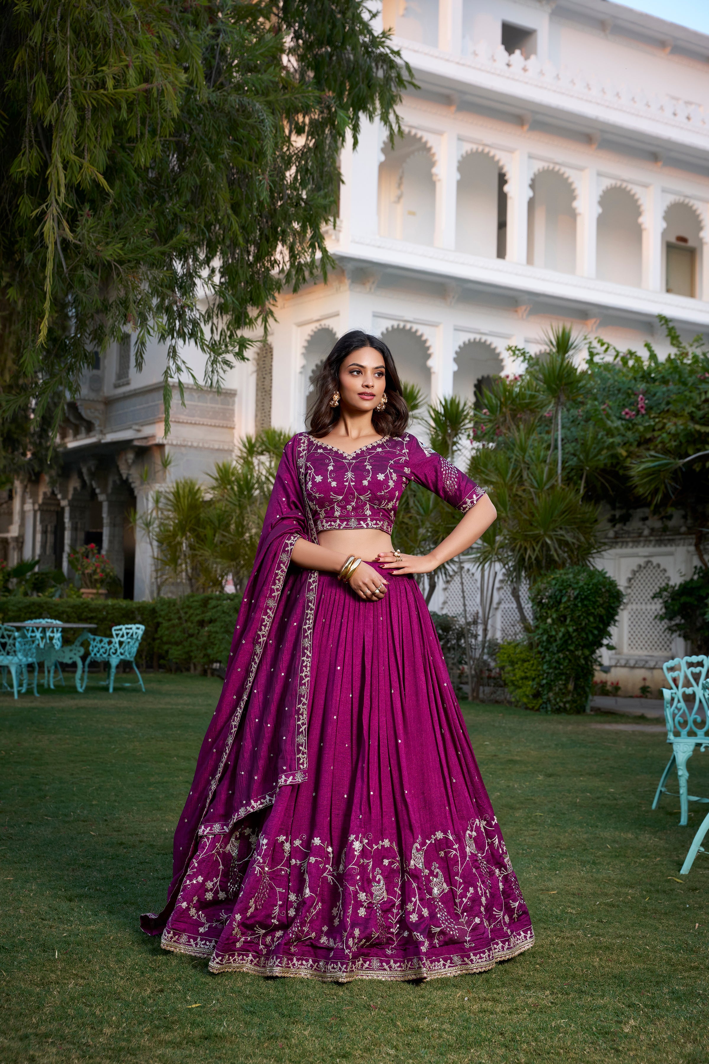 Lorenvalley Purple Vichitra Silk Sequins and Thread Embroidery Work With Lace Border Lehenga Choli | Grocsy