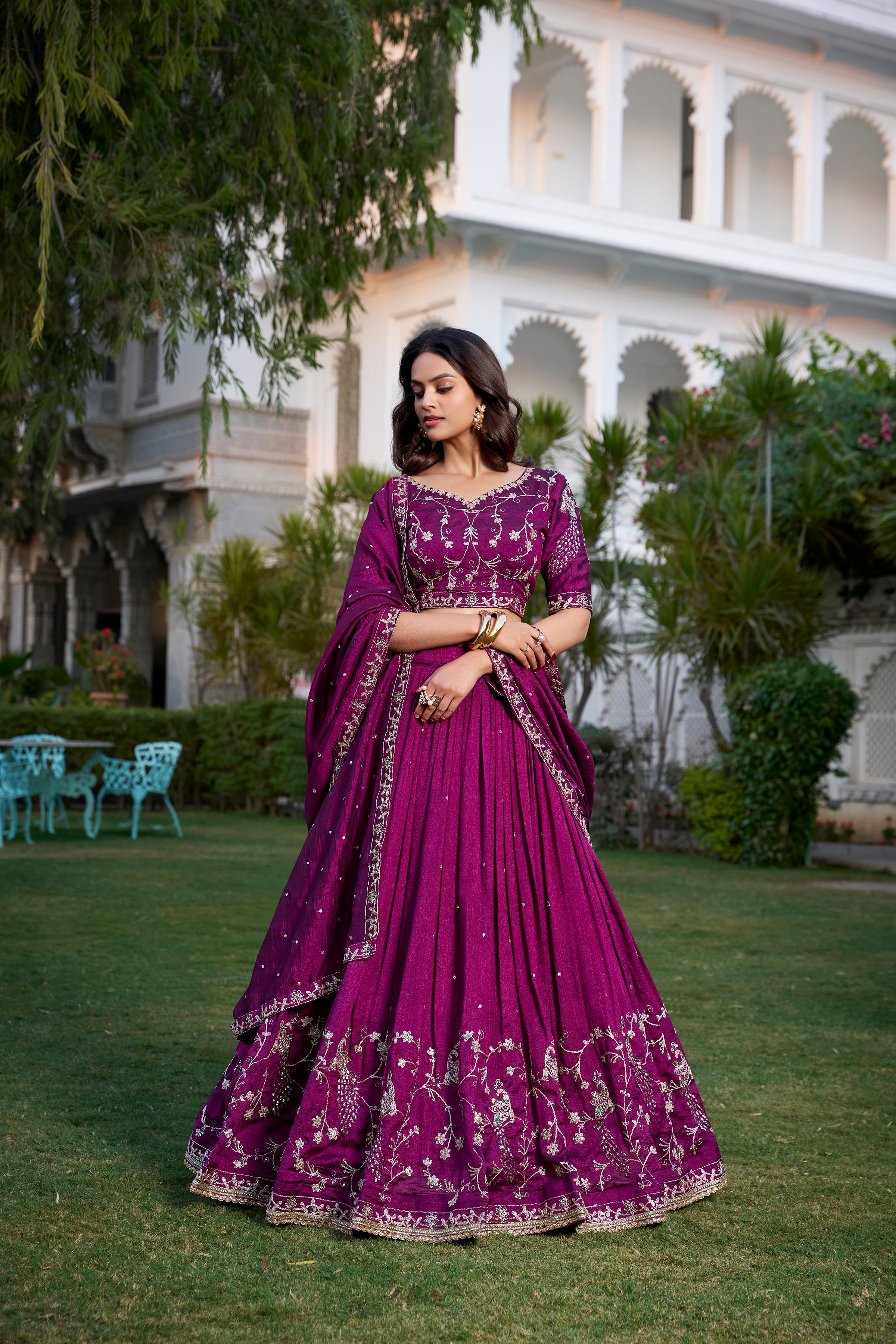 Lorenvalley Purple Vichitra Silk Sequins and Thread Embroidery Work With Lace Border Lehenga Choli | Grocsy