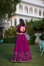 Lorenvalley Purple Vichitra Silk Sequins and Thread Embroidery Work With Lace Border Lehenga Choli | Grocsy