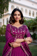 Lorenvalley Purple Vichitra Silk Sequins and Thread Embroidery Work With Lace Border Lehenga Choli | Grocsy