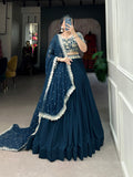 Lorenvalley Teal Georgette Plain with Sequins and Thread Embroidery Work Belt Lehenga Choli | Grocsy