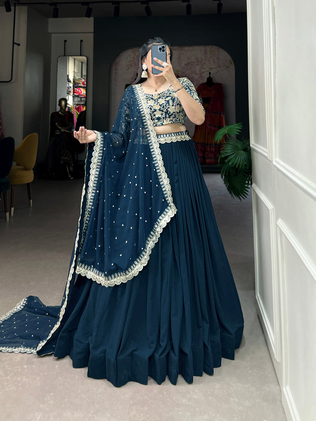 Lorenvalley Teal Georgette Plain with Sequins and Thread Embroidery Work Belt Lehenga Choli | Grocsy