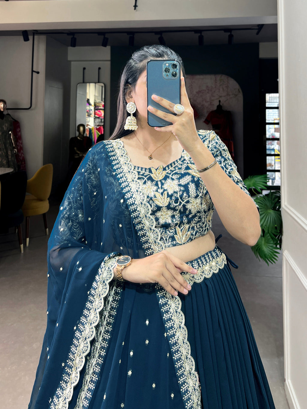 Lorenvalley Teal Georgette Plain with Sequins and Thread Embroidery Work Belt Lehenga Choli | Grocsy