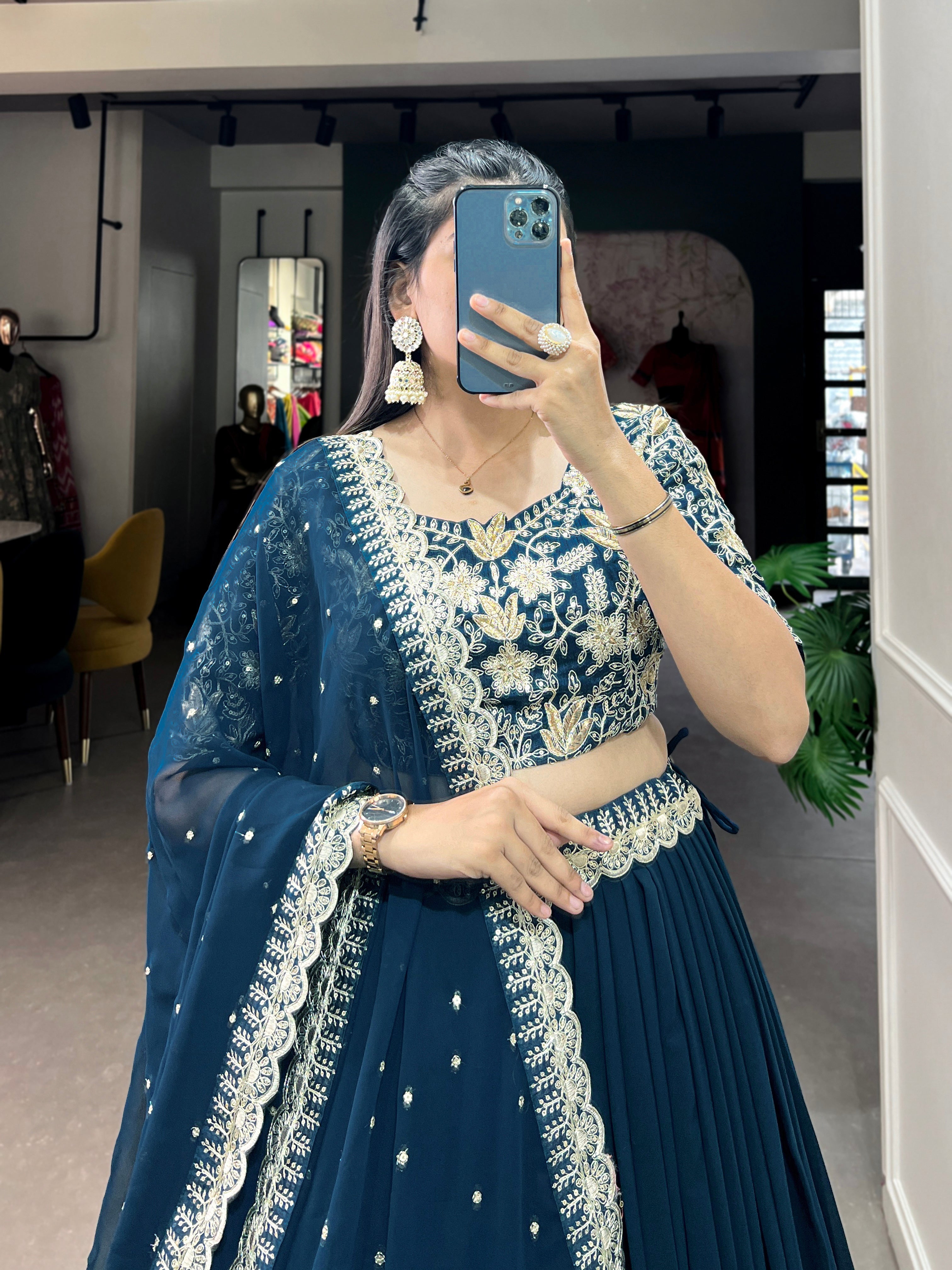 Lorenvalley Teal Georgette Plain with Sequins and Thread Embroidery Work Belt Lehenga Choli | Grocsy