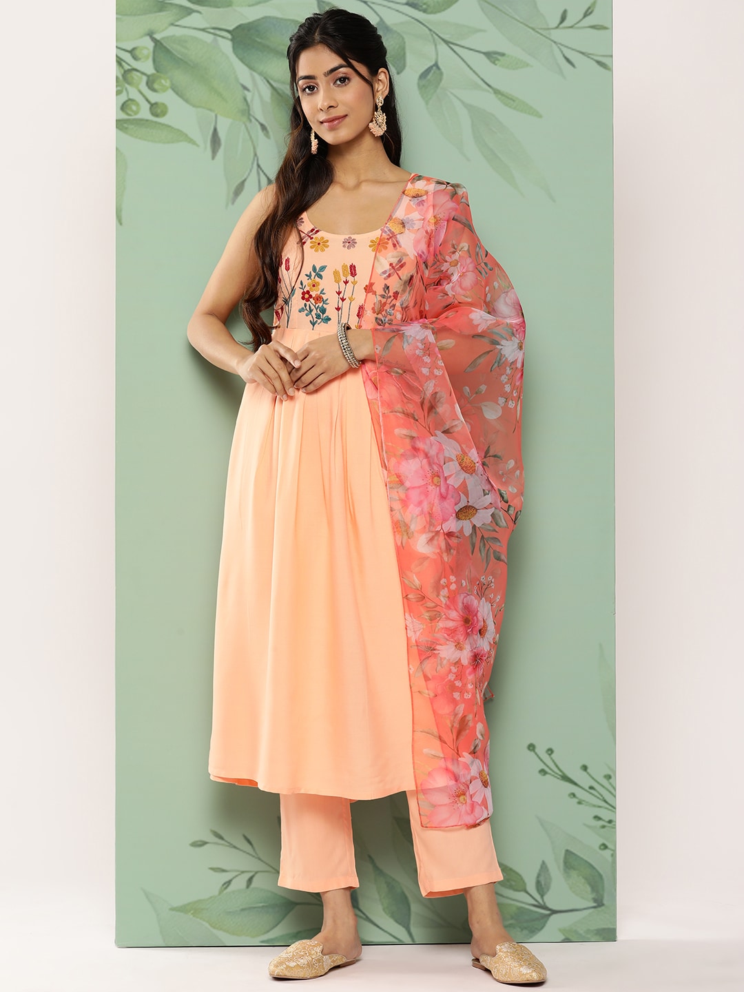 HERE&NOW Women Floral Yoke Design Pleated Thread Work Kurta with Trousers & Dupatta | Grocsy