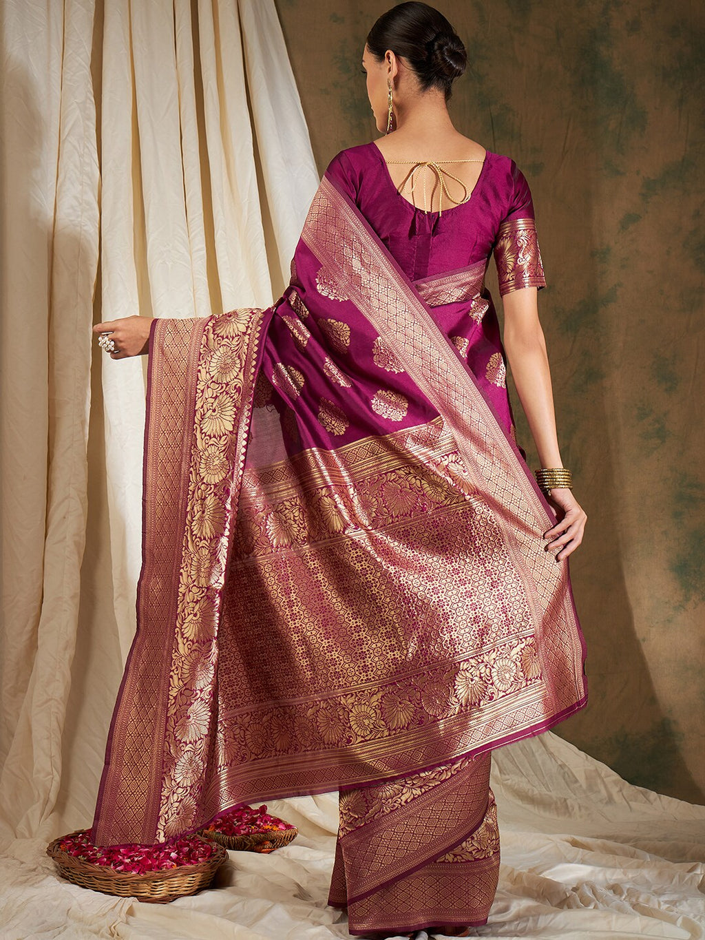 Sangria Burgundy & Gold-Toned Ethnic Motifs Woven Design Zari Silk Blend Banarasi Saree | Grocsy