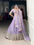 Lorenvalley Lavender Burberry Silk Sequins Embroidery Work Lace Border Lehenga Choli | Grocsy