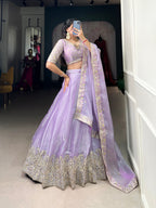 Lorenvalley Lavender Burberry Silk Sequins Embroidery Work Lace Border Lehenga Choli | Grocsy