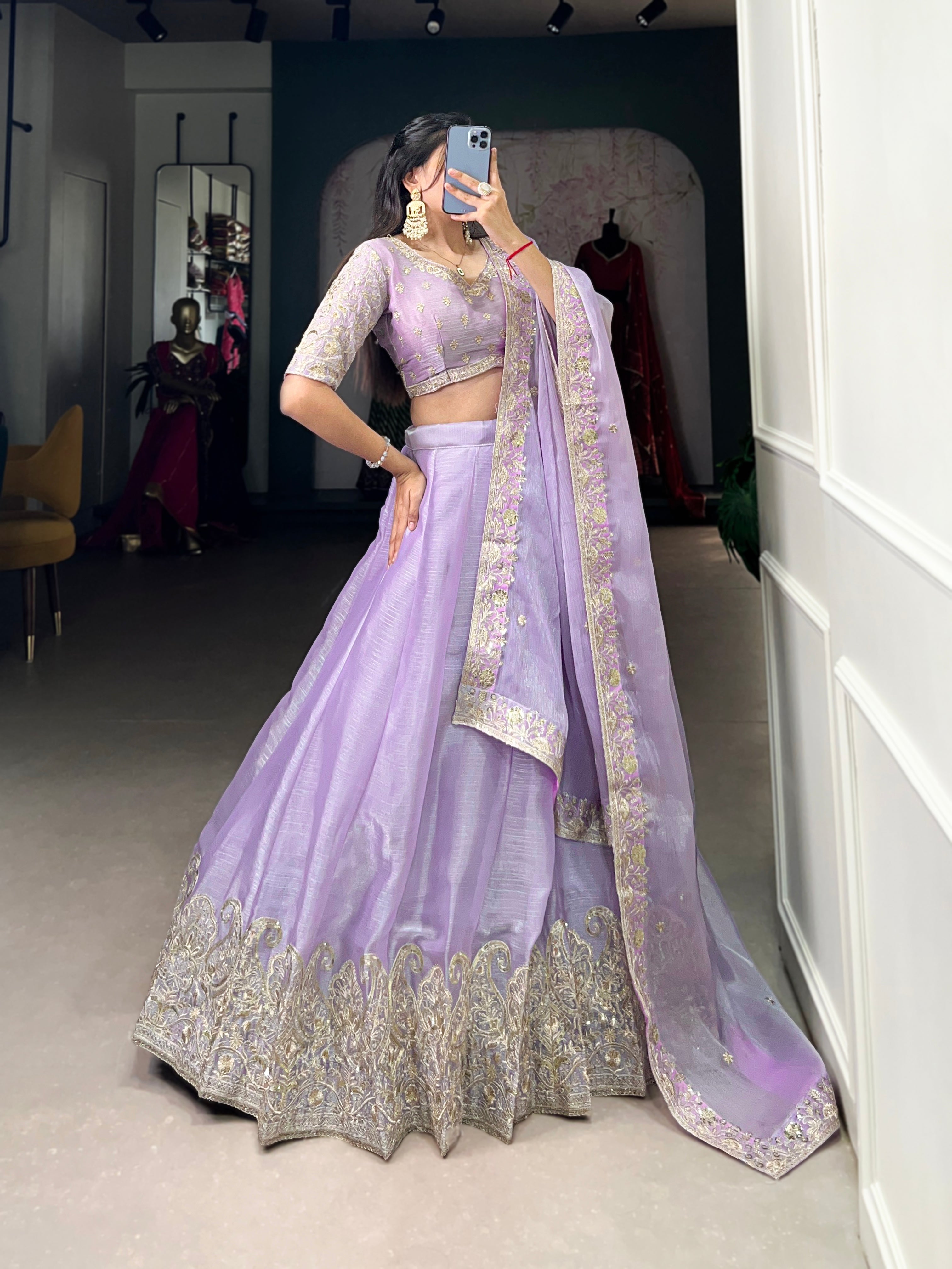Lorenvalley Lavender Burberry Silk Sequins Embroidery Work Lace Border Lehenga Choli | Grocsy