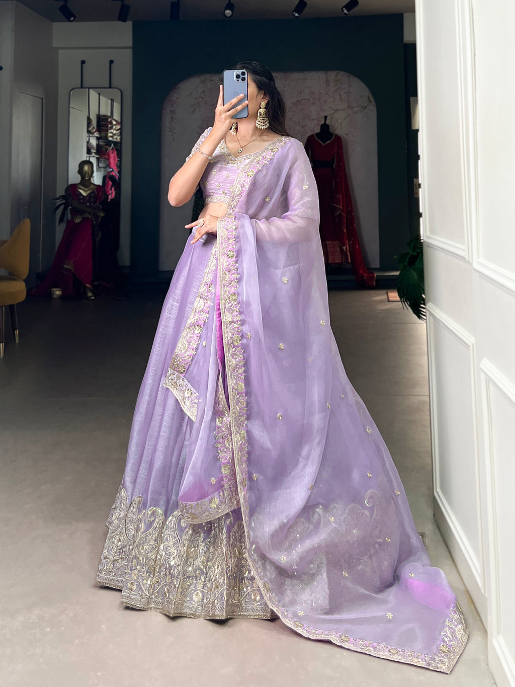 Lorenvalley Lavender Burberry Silk Sequins Embroidery Work Lace Border Lehenga Choli | Grocsy