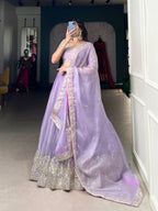 Lorenvalley Lavender Burberry Silk Sequins Embroidery Work Lace Border Lehenga Choli | Grocsy