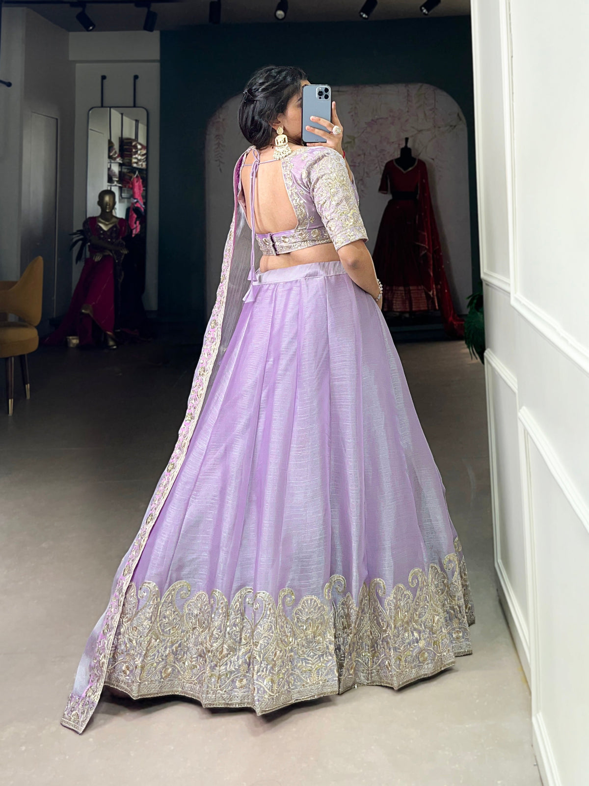 Lorenvalley Lavender Burberry Silk Sequins Embroidery Work Lace Border Lehenga Choli | Grocsy