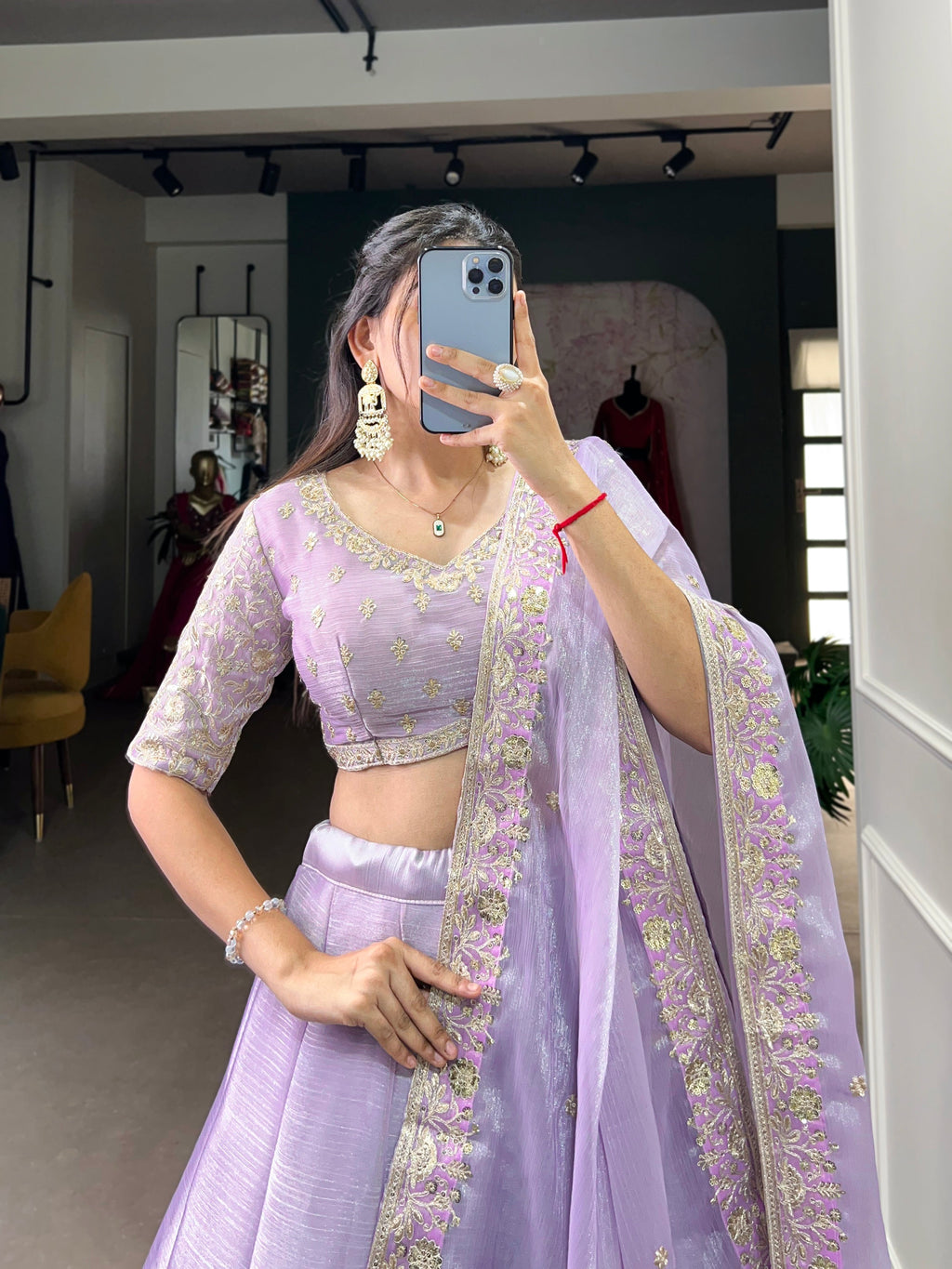 Lorenvalley Lavender Burberry Silk Sequins Embroidery Work Lace Border Lehenga Choli | Grocsy