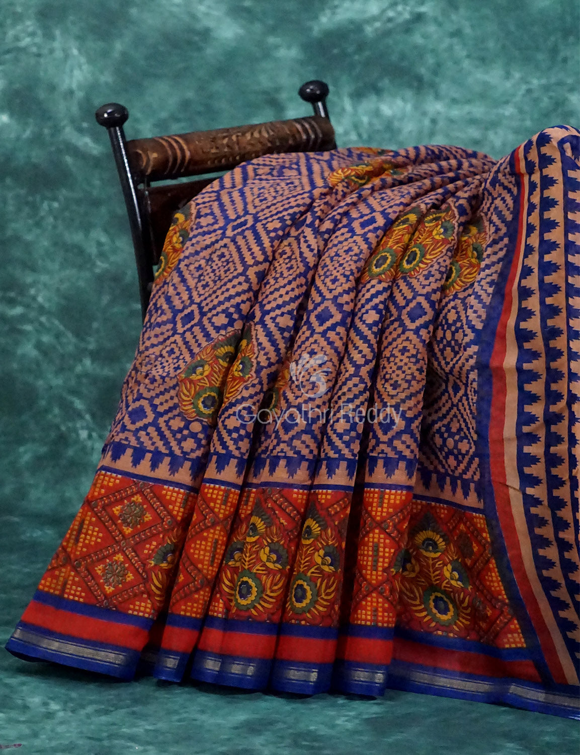Light Orange And Ink Blue Colour Printed Semi Chanderi Saree By Gayathri Reddy Designer Studio | Grocsy