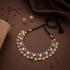 Tehzeeb Creations Sky Blue & Pink Colour Gold-Polished Stone Jewellery Choker Necklace Set With Matching Pair of Stud Earrings | Grocsy