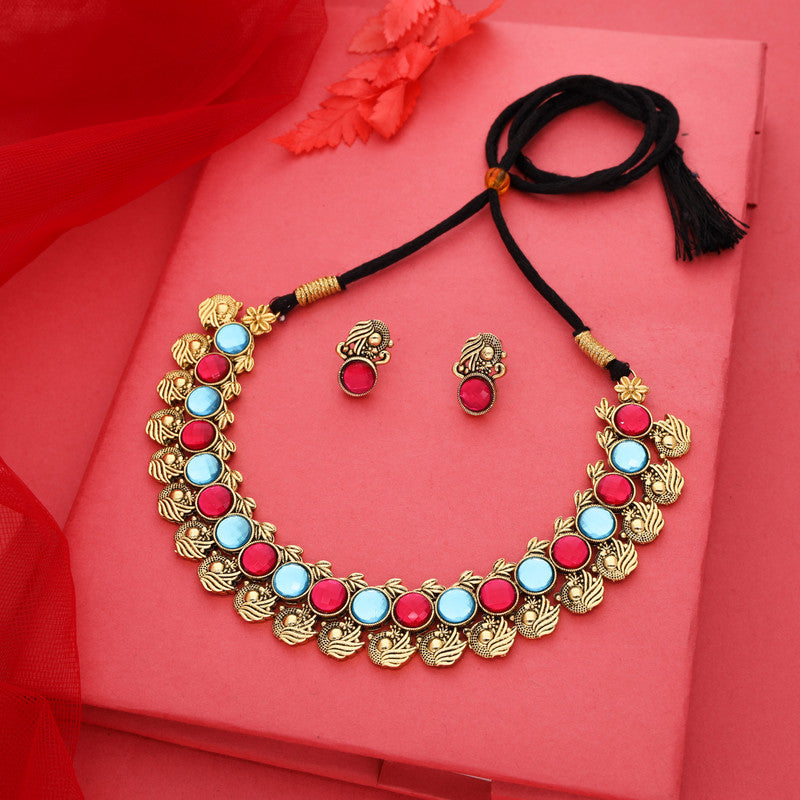 Tehzeeb Creations Sky Blue & Pink Colour Gold-Polished Stone Jewellery Choker Necklace Set With Matching Pair of Stud Earrings | Grocsy