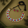 Tehzeeb Creations Sky Blue & Pink Colour Gold-Polished Stone Jewellery Choker Necklace Set With Matching Pair of Stud Earrings | Grocsy