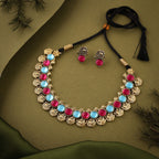 Tehzeeb Creations Sky Blue & Pink Colour Gold-Polished Stone Jewellery Choker Necklace Set With Matching Pair of Stud Earrings | Grocsy