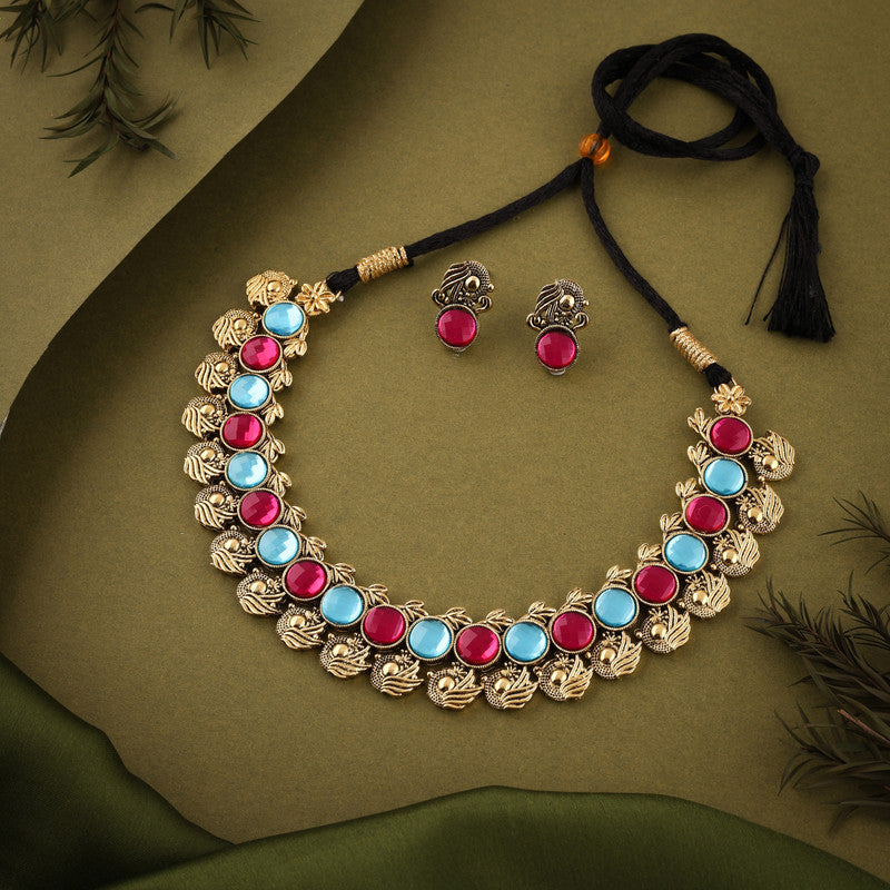 Tehzeeb Creations Sky Blue & Pink Colour Gold-Polished Stone Jewellery Choker Necklace Set With Matching Pair of Stud Earrings | Grocsy