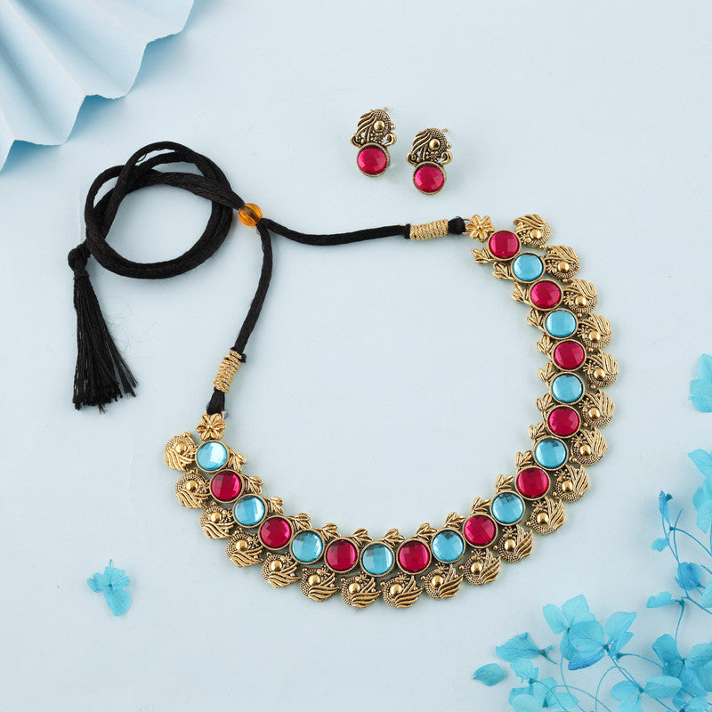 Tehzeeb Creations Sky Blue & Pink Colour Gold-Polished Stone Jewellery Choker Necklace Set With Matching Pair of Stud Earrings | Grocsy