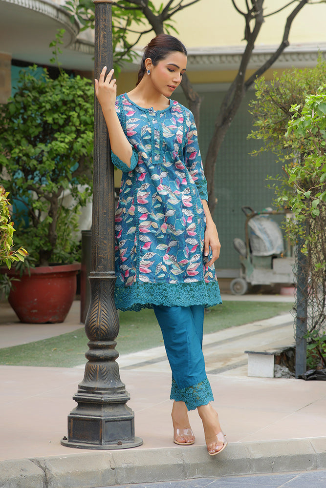Vaasva Women Cyan Embroidered Printed Kurta Set With Laced Solid Pants | Grocsy