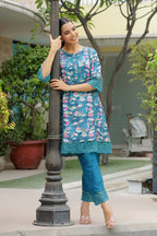 Vaasva Women Cyan Embroidered Printed Kurta Set With Laced Solid Pants | Grocsy