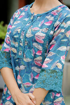 Vaasva Women Cyan Embroidered Printed Kurta Set With Laced Solid Pants | Grocsy