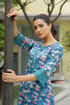 Vaasva Women Cyan Embroidered Printed Kurta Set With Laced Solid Pants | Grocsy