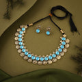Tehzeeb Creations Sky Blue Colour Gold-Polished Stone Jewellery Choker Necklace Set With Matching Pair of Stud Earrings | Grocsy