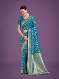 Monjolika Fashion Stunning Cyan blue Banarasi Satin Silk Golden Meenakari Work Saree | Grocsy