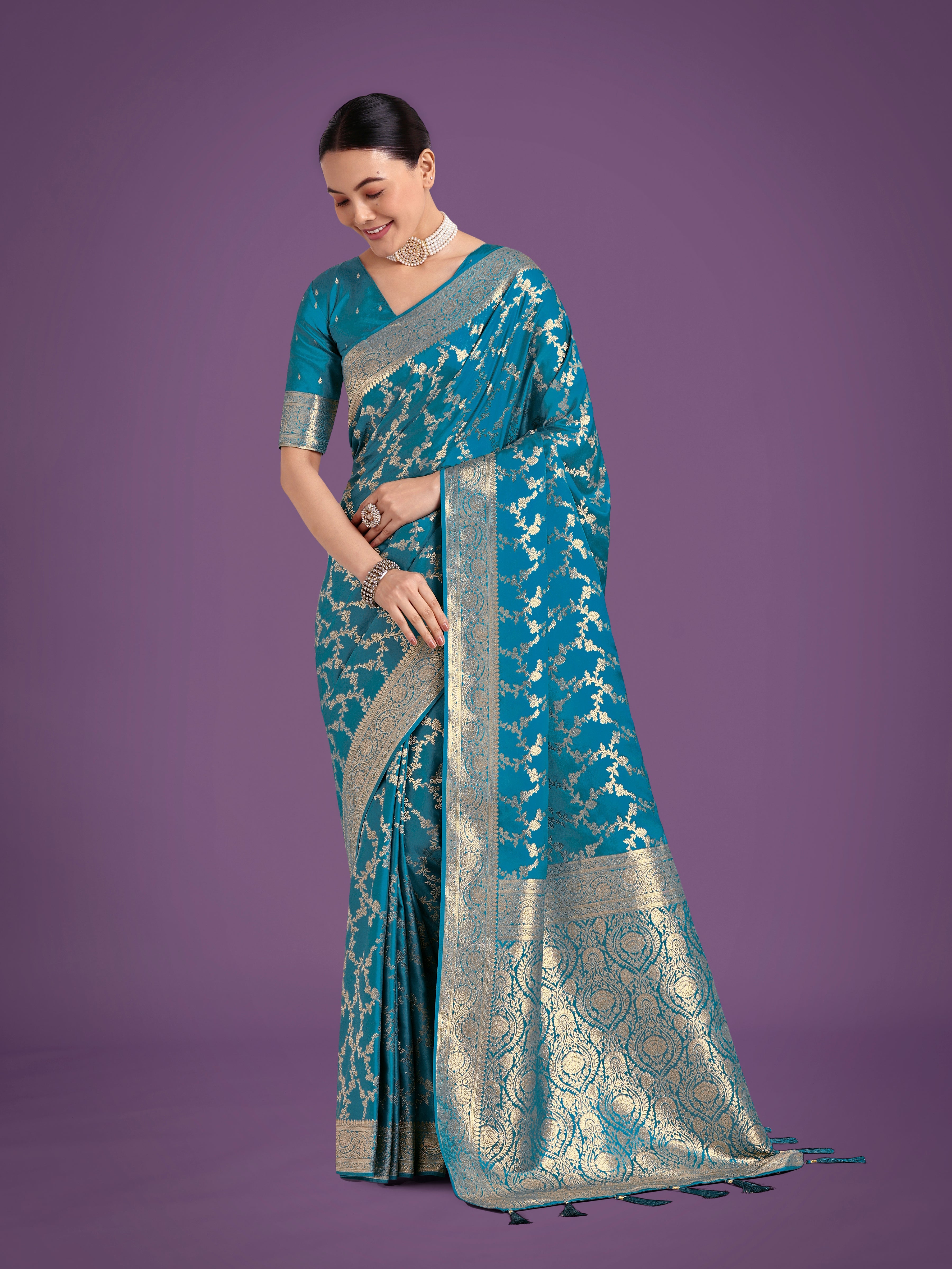 Monjolika Fashion Stunning Cyan blue Banarasi Satin Silk Golden Meenakari Work Saree | Grocsy