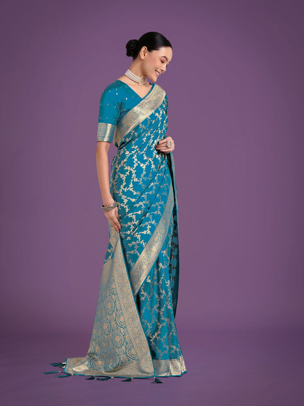 Monjolika Fashion Stunning Cyan blue Banarasi Satin Silk Golden Meenakari Work Saree | Grocsy