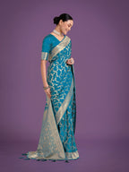 Monjolika Fashion Stunning Cyan blue Banarasi Satin Silk Golden Meenakari Work Saree | Grocsy