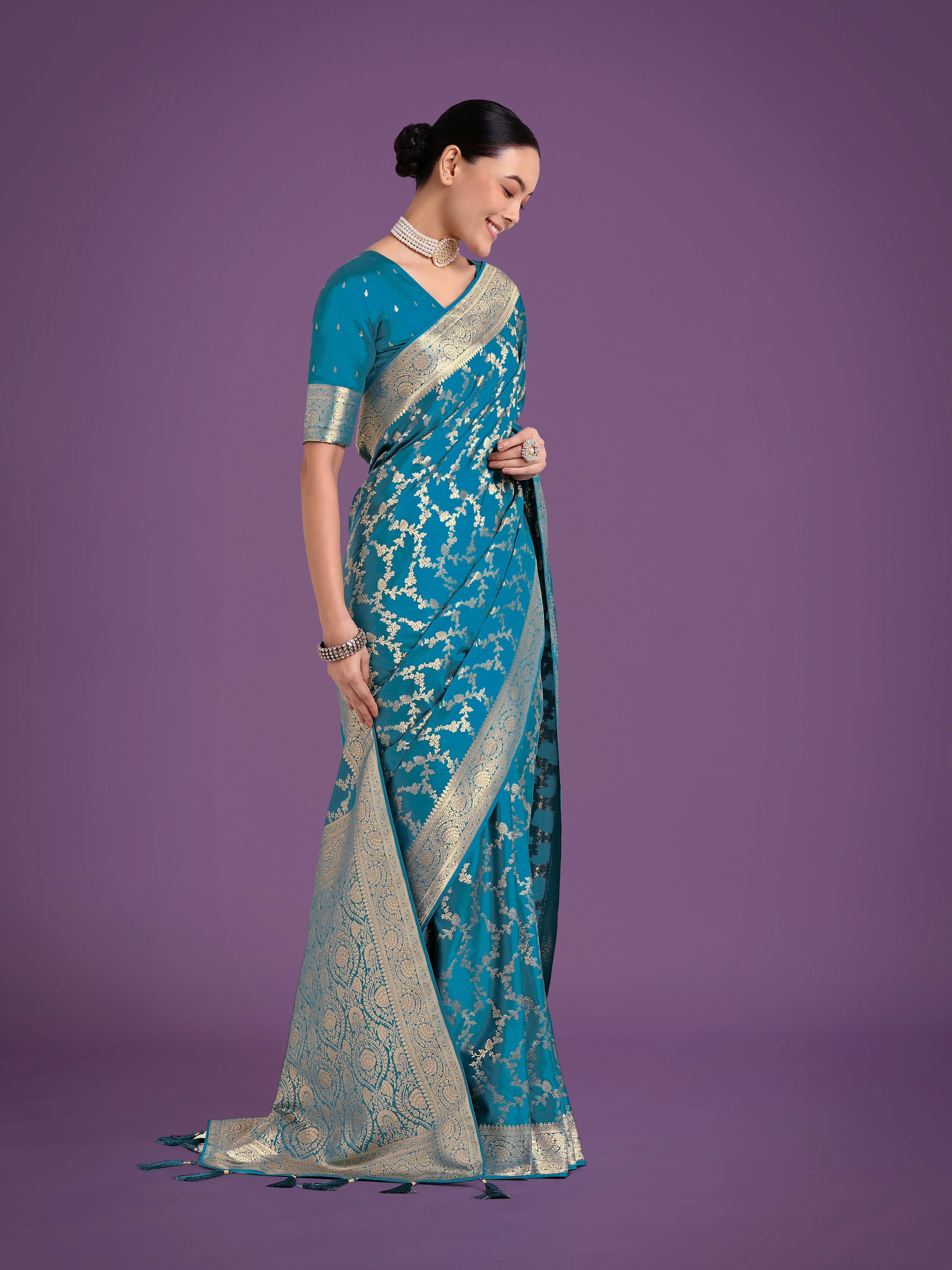 Monjolika Fashion Stunning Cyan blue Banarasi Satin Silk Golden Meenakari Work Saree | Grocsy