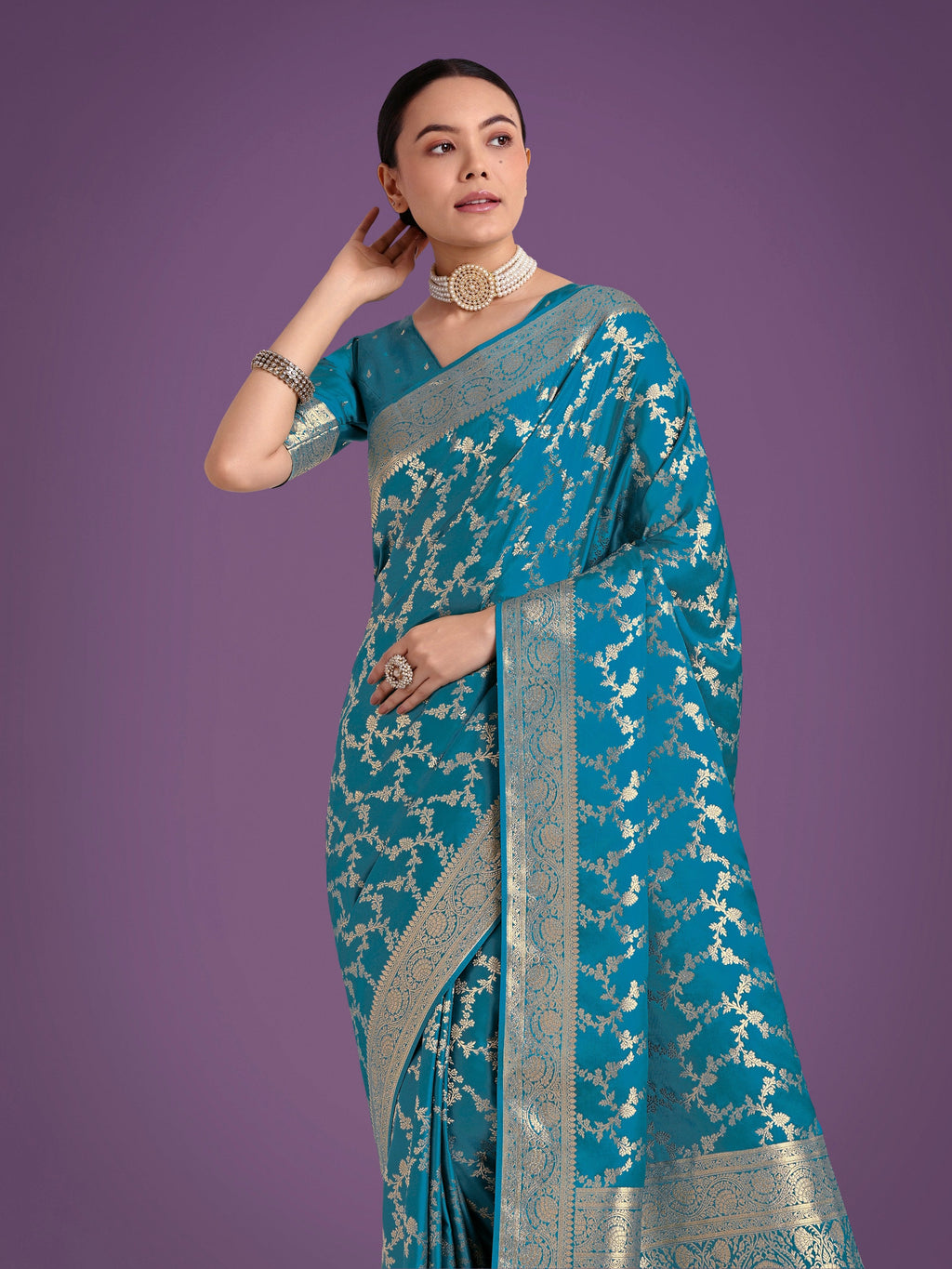 Monjolika Fashion Stunning Cyan blue Banarasi Satin Silk Golden Meenakari Work Saree | Grocsy