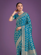 Monjolika Fashion Stunning Cyan blue Banarasi Satin Silk Golden Meenakari Work Saree | Grocsy