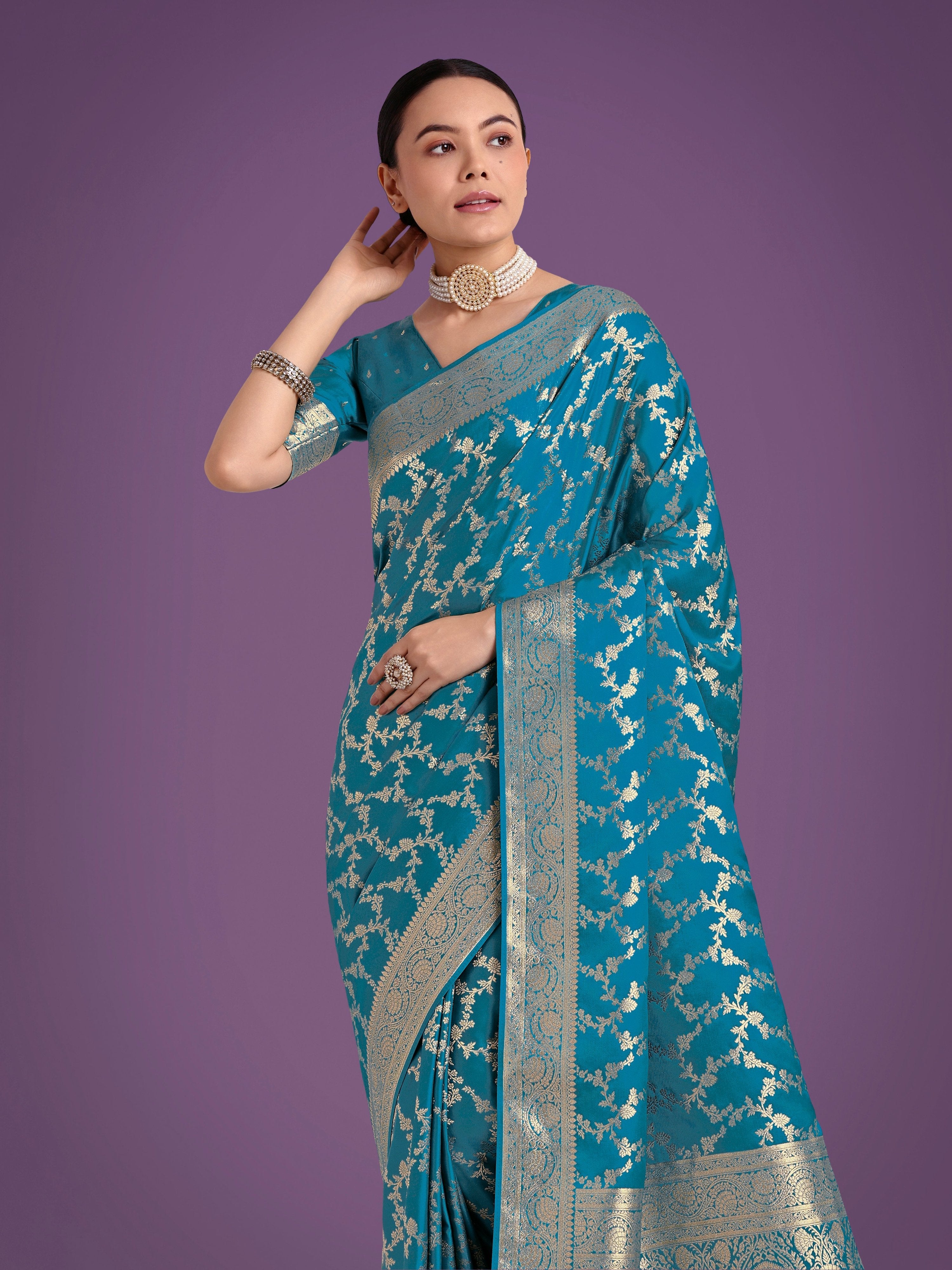 Monjolika Fashion Stunning Cyan blue Banarasi Satin Silk Golden Meenakari Work Saree | Grocsy