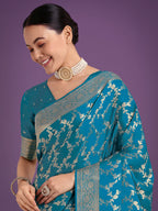 Monjolika Fashion Stunning Cyan blue Banarasi Satin Silk Golden Meenakari Work Saree | Grocsy