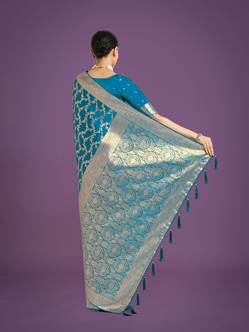 Monjolika Fashion Stunning Cyan blue Banarasi Satin Silk Golden Meenakari Work Saree | Grocsy