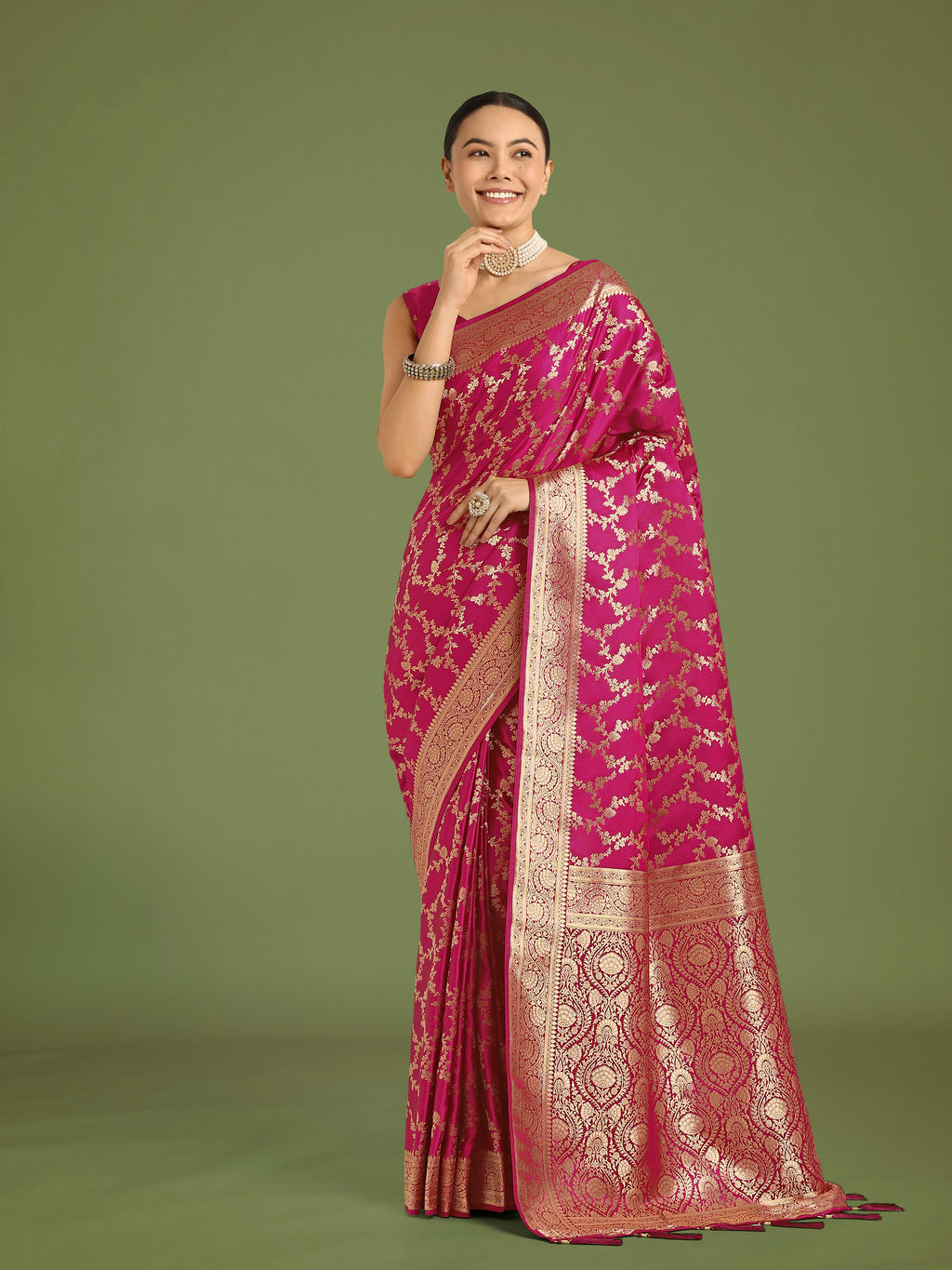 Monjolika Fashion Stunning Rani Pink Banarasi Satin Silk Golden Meenakari Work Saree | Grocsy