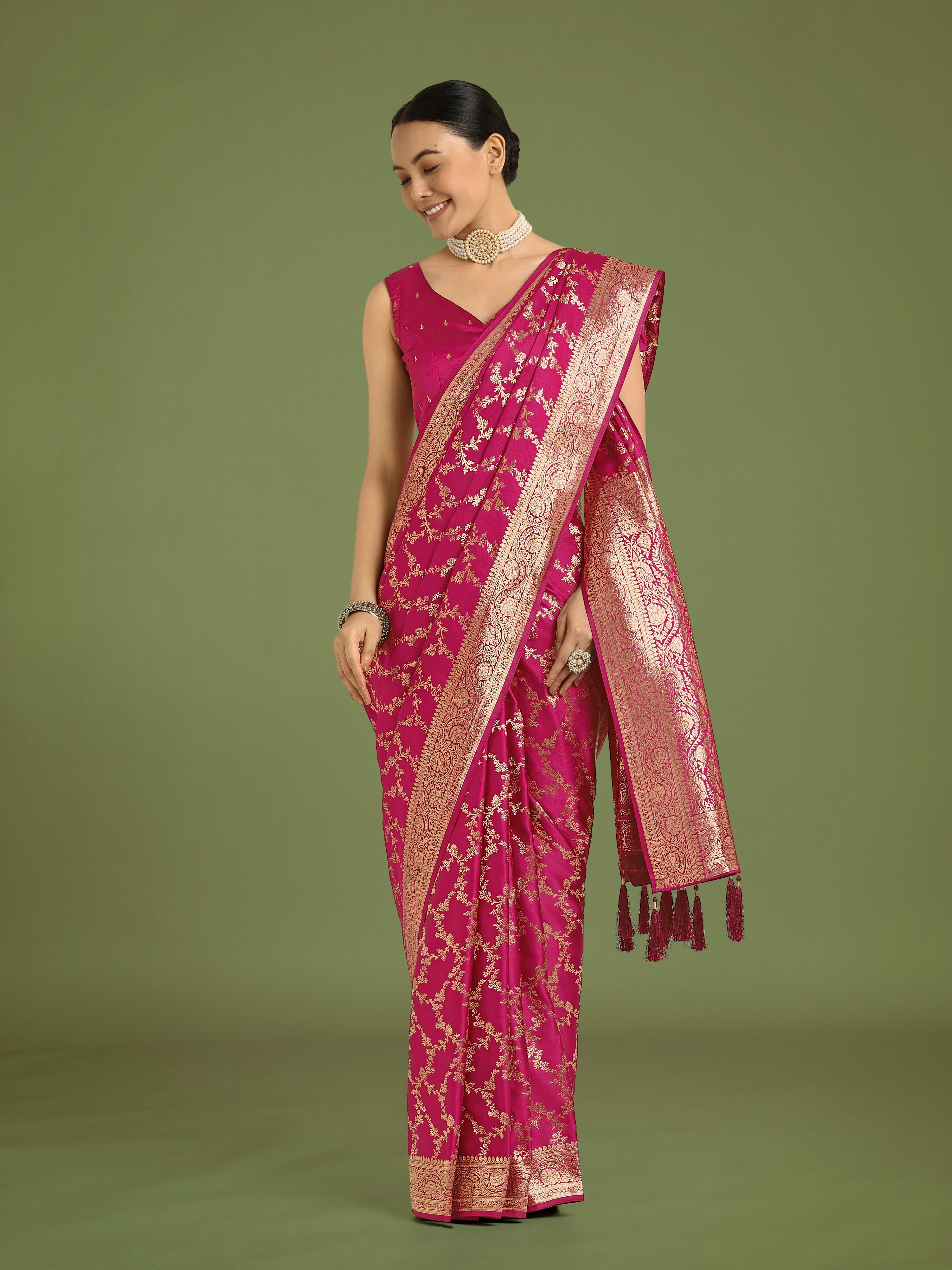 Monjolika Fashion Stunning Rani Pink Banarasi Satin Silk Golden Meenakari Work Saree | Grocsy