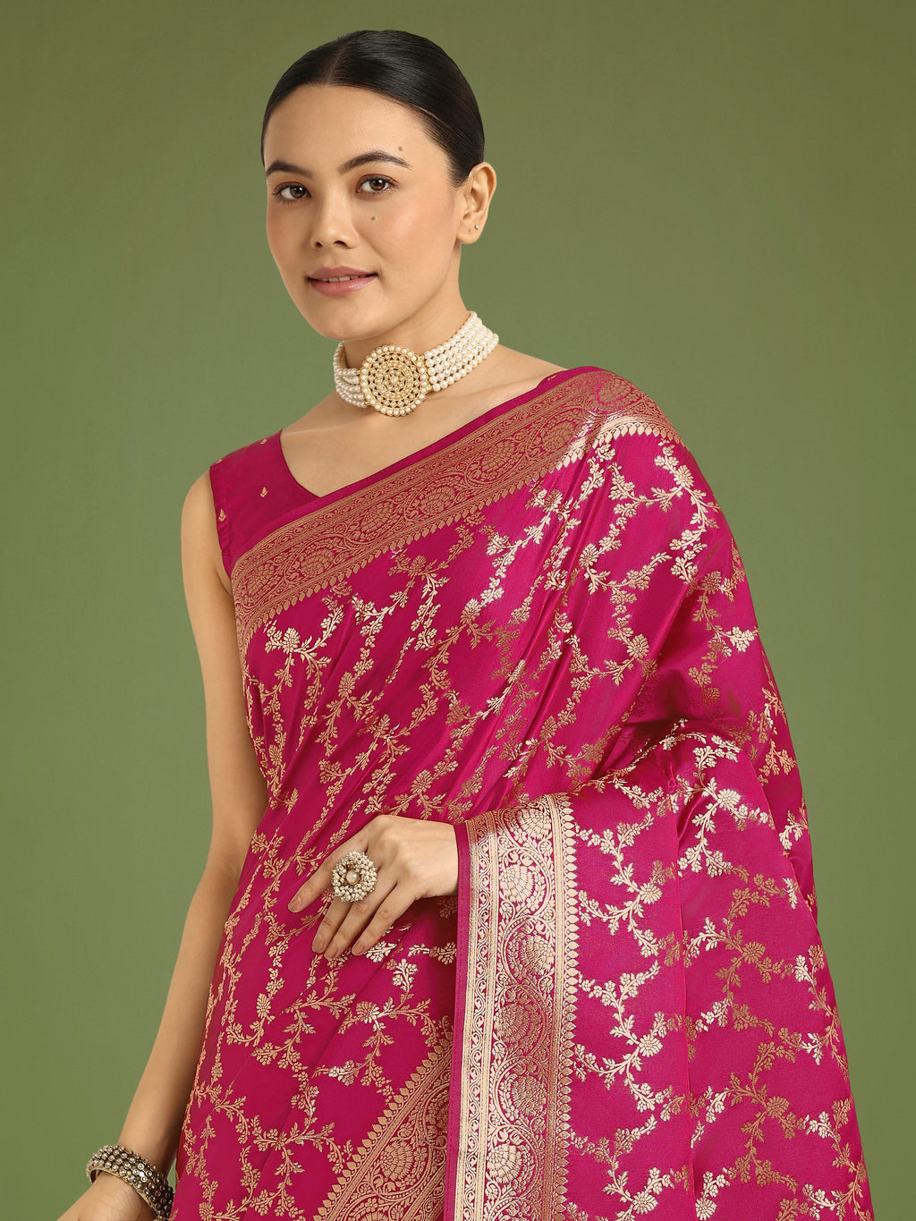 Monjolika Fashion Stunning Rani Pink Banarasi Satin Silk Golden Meenakari Work Saree | Grocsy