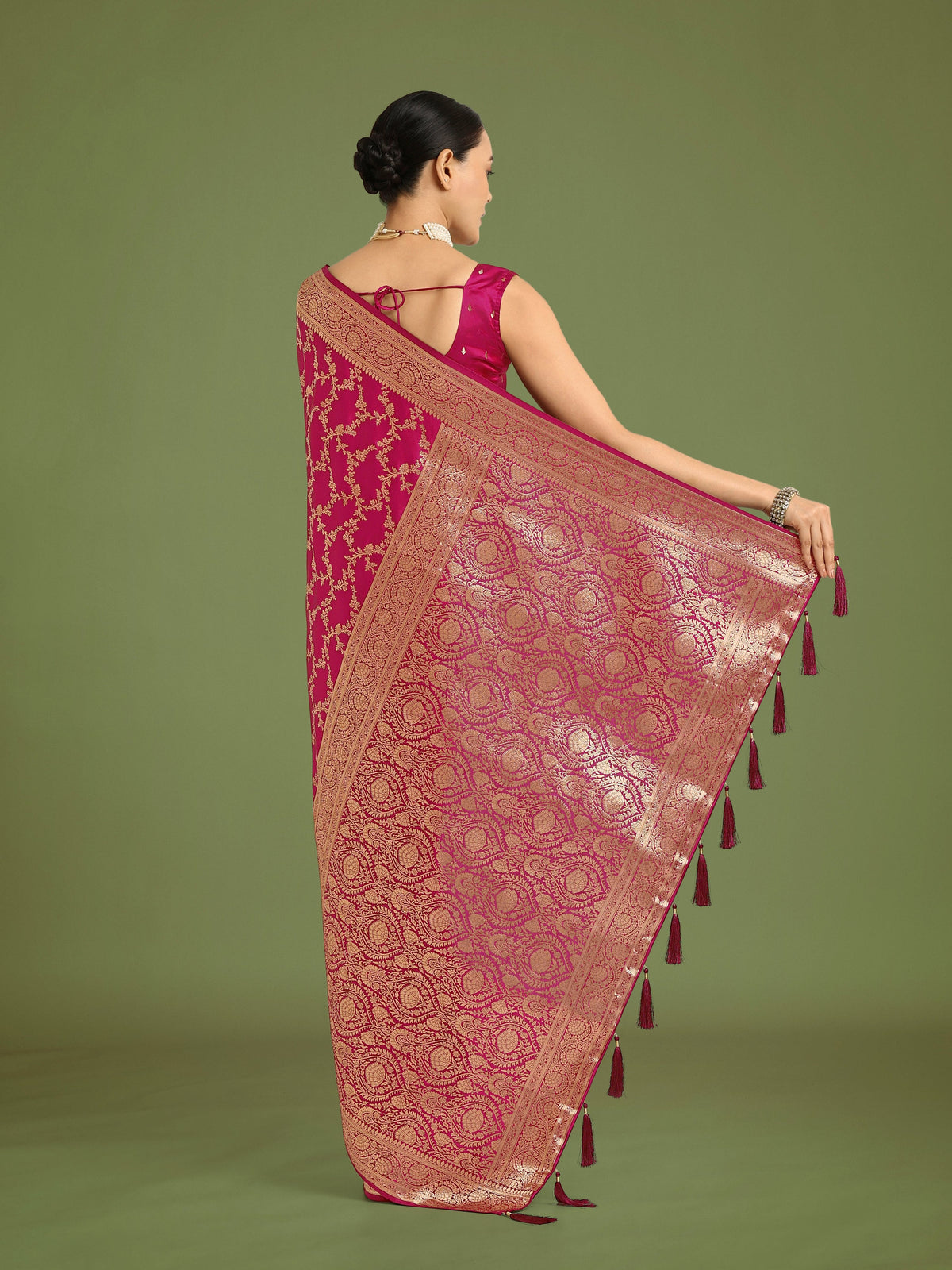 Monjolika Fashion Stunning Rani Pink Banarasi Satin Silk Golden Meenakari Work Saree | Grocsy