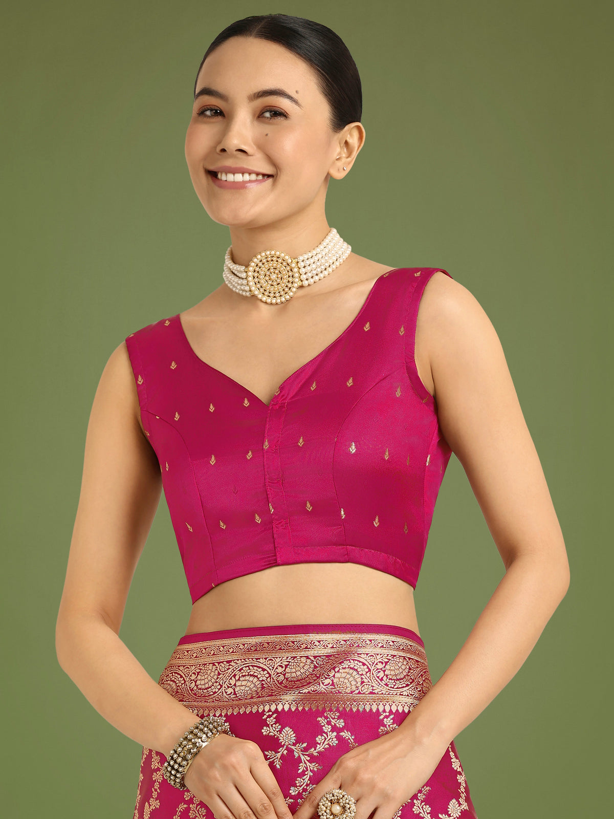 Monjolika Fashion Stunning Rani Pink Banarasi Satin Silk Golden Meenakari Work Saree | Grocsy