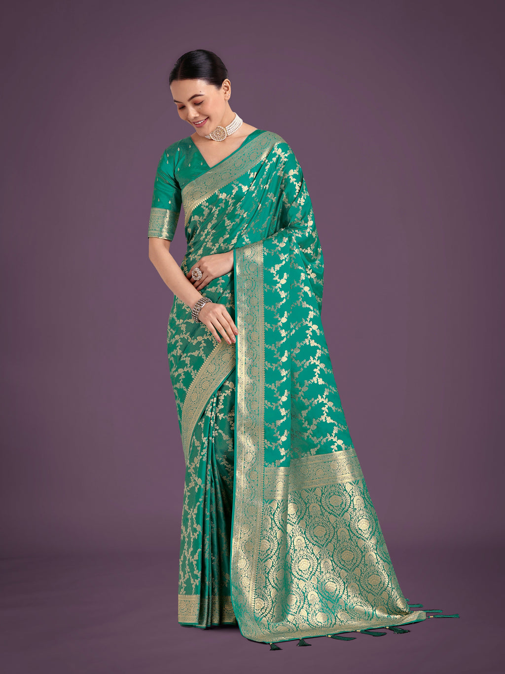 Monjolika Fashion Stunning Turquoise Banarasi Satin Silk Golden Meenakari Work Saree | Grocsy