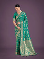 Monjolika Fashion Stunning Turquoise Banarasi Satin Silk Golden Meenakari Work Saree | Grocsy