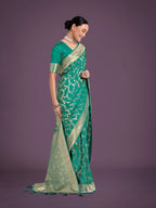 Monjolika Fashion Stunning Turquoise Banarasi Satin Silk Golden Meenakari Work Saree | Grocsy