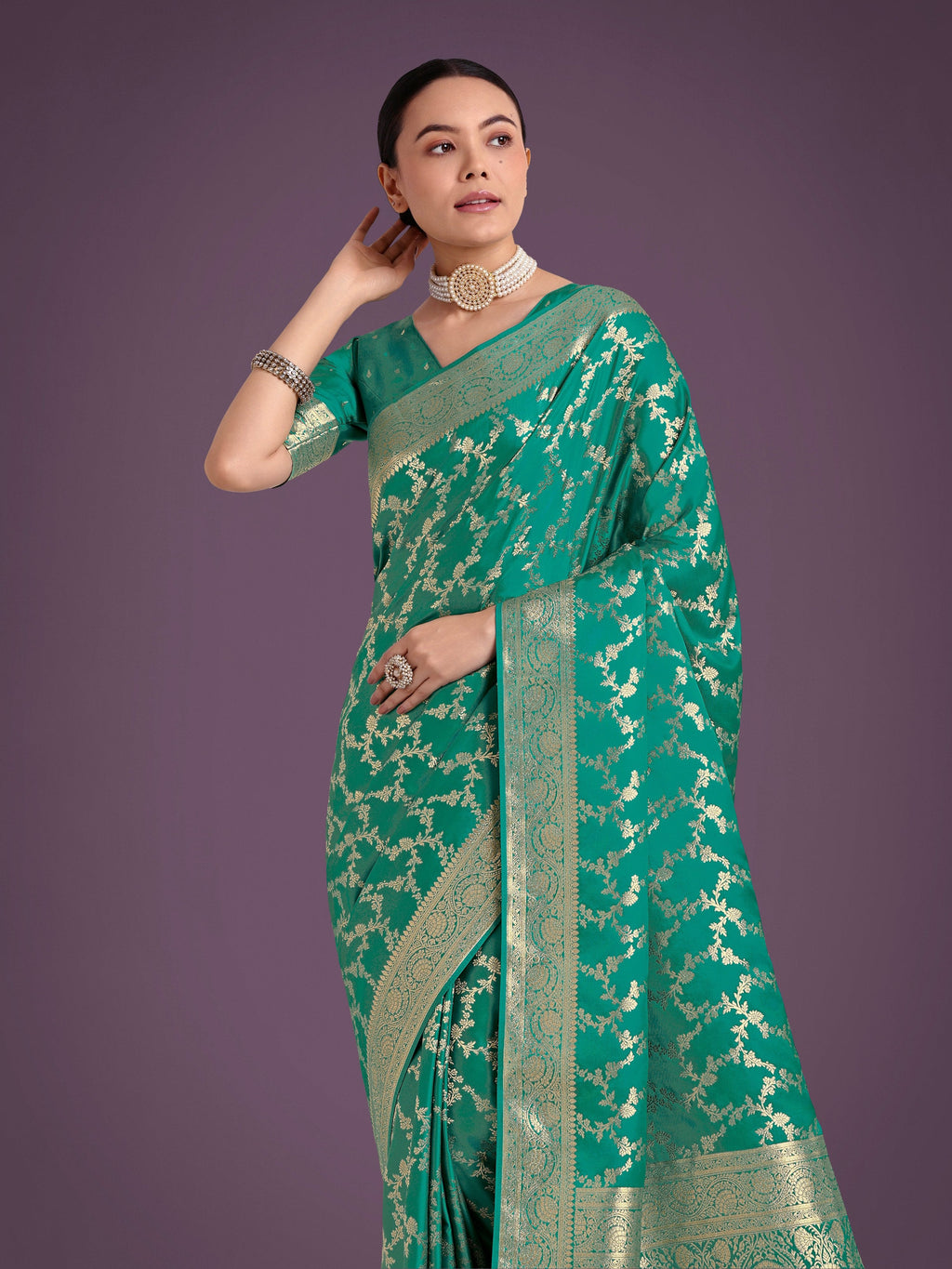 Monjolika Fashion Stunning Turquoise Banarasi Satin Silk Golden Meenakari Work Saree | Grocsy